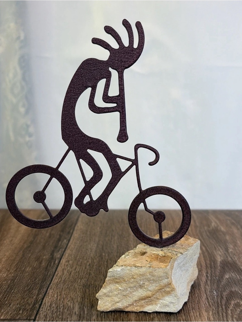 Kokopelli Riding Mountain Bike Playing the Flute Steel & Stone Sculpture 6.5"